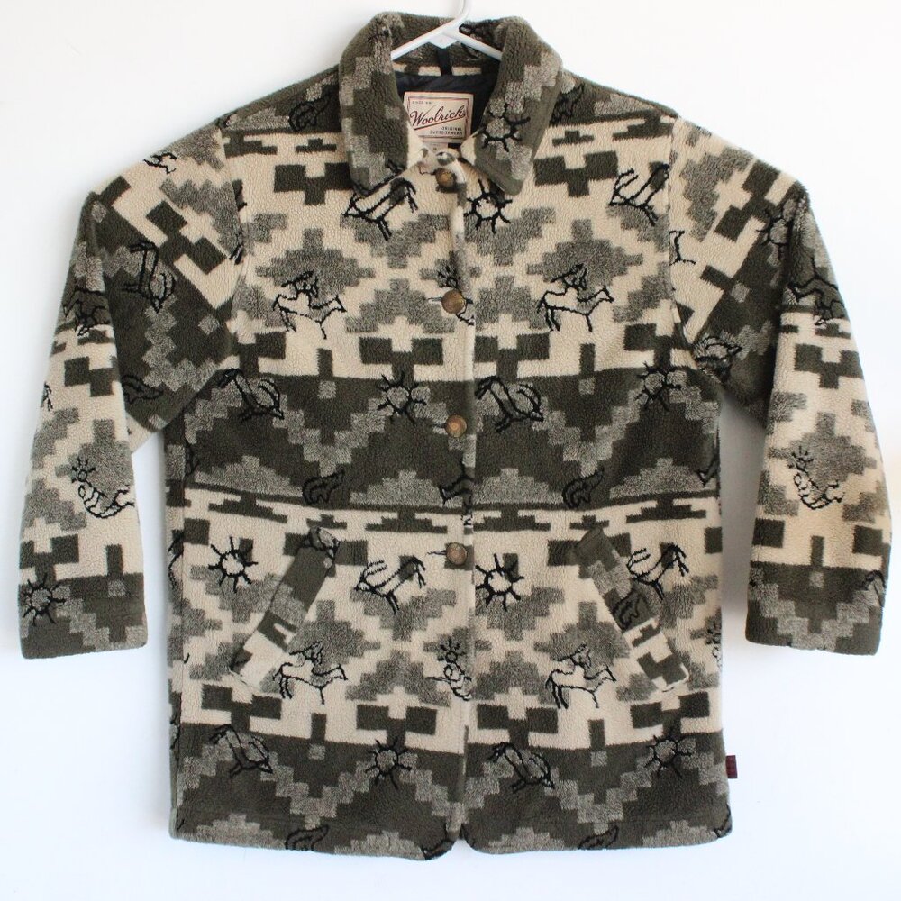 Woolrich Jacket Navajo Boho Deep Pile Fleece Aztec Western Tribal Size M USA